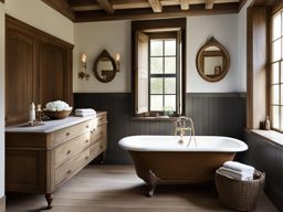 french country bathroom with a clawfoot tub and rustic wood vanities. 