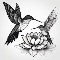 Two hummingbirds and lotus black and white , waves geometric tattoo 