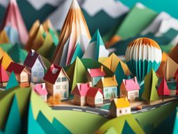  bustling town with floating balloons bright cheery colors in a valley with mountains and rivers, Origami paper folds papercraft, made of paper, stationery, 8K resolution 64 megapixels, small details 