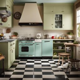 vintage-inspired kitchen with retro appliances and a checkerboard floor. 