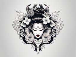 Geisha Hannya Tattoo - A unique tattoo design that combines the iconic Hannya mask with the grace of a Geisha.  simple color tattoo,white background,minimal