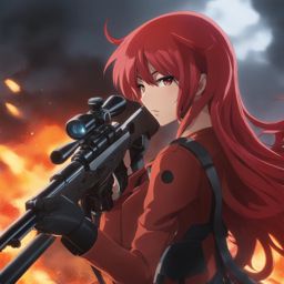 yoko littner aims her sniper rifle at enemy forces on a scorched battlefield. 