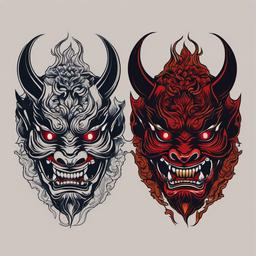 Oni Hannya Mask Tattoo-Bold and artistic tattoo featuring an Oni combined with a Hannya mask, capturing traditional and supernatural aesthetics.  simple color vector tattoo