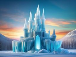 Majestic ice castle, carved from glacial walls, stands resplendent under the winter sun, a testament to the skill and artistry of its creators. hyperrealistic, intricately detailed, color depth,splash art, concept art, mid shot, sharp focus, dramatic, 2/3 face angle, side light, colorful background