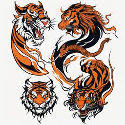 Dragon and Tiger Tattoo - Tattoos featuring both dragons and tigers, symbolizing power and strength.  simple color tattoo,minimalist,white background