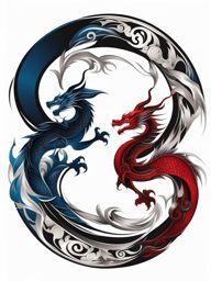 Yin and yang dragon tattoo, Tattoos that blend the symbolism of yin and yang with dragon imagery.  color, tattoo style pattern, clean white background