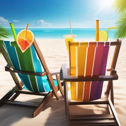 Beach chairs with refreshing beverages close shot perspective view, photo realistic background, hyper detail, high resolution