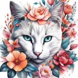 Cat and flower tattoo, Creative tattoos that combine the charm of cats with floral elements.  vivid colors, white background, tattoo design