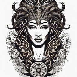 African Medusa Tattoo - Infuse cultural elements into your Medusa tattoo, creating a unique and meaningful design inspired by African aesthetics.  simple vector color tattoo,minimal,white background