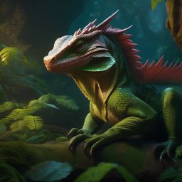 Basilisk Lizard Slumbering with a Reptilian Druid detailed matte painting, deep color, fantastical, intricate detail, splash screen, complementary colors, fantasy concept art, 8k resolution trending on artstation unreal engine 5