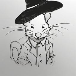 drawing of a cartoon mouse with a tiny hat  minimal rough sketch scribbles,doodles,black and white