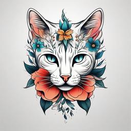 cat and flower tattoo  minimal color tattoo, white background