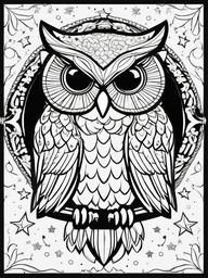 Owl Coloring Pages - Owl surrounded by stars and a full moon  simple coloring pages