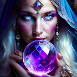 mystical oracle with a crystal ball, foreseeing destiny with a distant, knowing gaze. 
