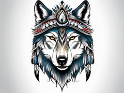 Wolf with Headdress Tattoo,wolf adorned with a tribal headdress in a striking tattoo, symbolizing courage and honor. , color tattoo design, white clean background