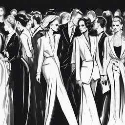 drawing of celebrities attending a fashion event  minimal rough sketch scribbles,doodles,black and white