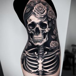 skeleton tattoo, featuring skeletal anatomy and macabre aesthetics in ink. 