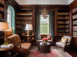 In the library room, Russian Revival interior design incorporates rich wood shelving, plush seating, and ornate decor that inspire reading and relaxation in a culturally rich setting.  