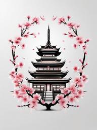 Cherry Blossom Temple Tattoo - Spiritual, blends blossoms with temples.  simple color tattoo,white background,minimal