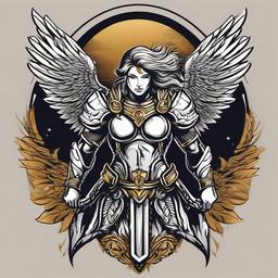Tattoo Warrior Angel-Embracing strength and courage with a tattoo featuring a warrior angel, symbolizing protection, resilience, and the celestial warrior spirit.  simple vector color tattoo