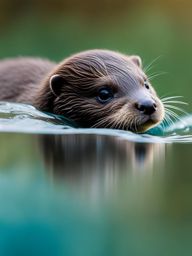 tiny otter pup floating on its back in a crystal-clear stream. 