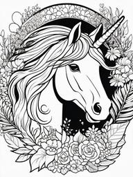 Unicorn Coloring Pages - Unicorn surrounded by magical plants  simple coloring pages