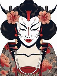 Geisha Japanese Hannya Mask Tattoo - Features the expressive Hannya mask alongside the elegance of a Geisha in tattoo art.  simple color tattoo,white background,minimal