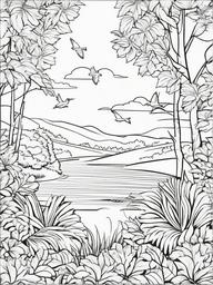 Summer Coloring Pages - Nature scene with birds chirping in trees  simple coloring pages