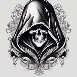 Reaper's hood conceals, leaving a death's embrace mark in the tattoo.  black and white tattoo style