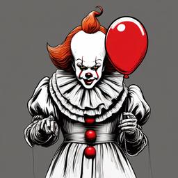 drawing of Pennywise holding a red balloon  minimal rough sketch scribbles,doodles,black and white