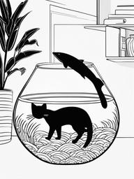 Kitty with a Fish Bowl Coloring Pages - Curious Kitty Staring at Fish  minimal black outline printable sheet, coloring page