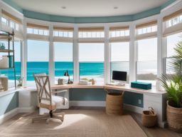 Coastal Home Office - Coastal home office with a breezy color scheme and beach-inspired decor. realistic, professional photography, bokeh, natural lighting, canon lens, shot on dslr 64 megapixels sharp focus