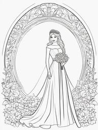 Royal Wedding Coloring Pages - Beautiful Bride in Elegant Wedding Dress  minimal black outline printable sheet, coloring page