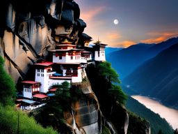 paro taktsang monastery, bhutan - paint a serene night scene of paro taktsang monastery, perched on a cliff, illuminated by moonlight. 