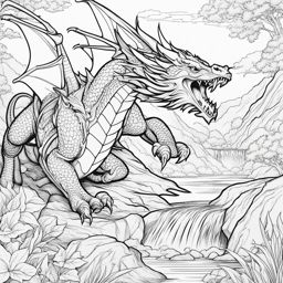 dragon coloring pages - a fierce dragon breathes a stream of fire onto a brave knight. 