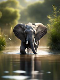 elephant calf splashing joyfully in a tranquil watering hole 8k ultrarealistic cinematic 