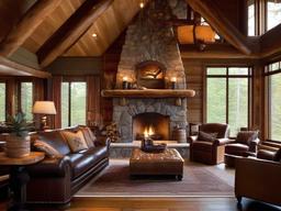 Rustic living room is the epitome of cozy elegance, featuring exposed wooden beams, a grand stone fireplace, and sumptuous leather seating for a refined cabin retreat.  