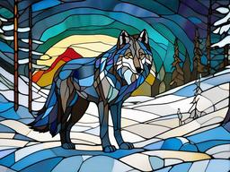 Stained Glass Wolf - Lone wolf in snowy landscape  