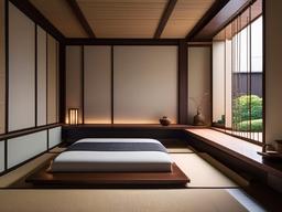 Japanese bedroom embodies understated luxury with its tatami flooring, handcrafted low bed, and minimalist decor, creating a serene retreat that honors traditional craftsmanship.  