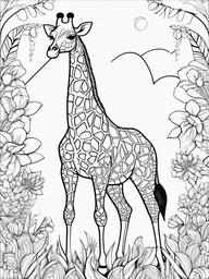 Giraffe Coloring Pages - Giraffe with a whimsical garden background  simple coloring pages