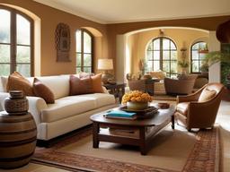 Mediterranean living room incorporates warm earth tones, comfortable seating, and decorative ceramics, reflecting a relaxed, sunny vibe.  