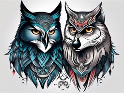 Owl and Wolf Tattoo,stunning union of the owl and the wolf, marriage of elegance and power. , color tattoo design, white clean background