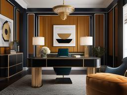 Art Deco home office includes bold geometric patterns, stylish finishes, and vintage-inspired furniture for a glamorous and sophisticated workspace.  