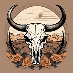 Southwest-inspired longhorn skull design: Desert landscape, timeless beauty.  simple color tattoo style