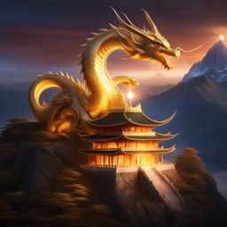 light dragon perched atop a mountaintop temple, its radiant presence illuminating the surrounding landscape. 