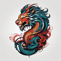 Dragon Lion Tattoo - Powerful tattoo combining a dragon and lion imagery.  simple color tattoo,minimalist,white background