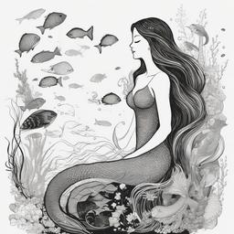 drawing of a mermaid with sea creatures  minimal rough sketch scribbles,doodles,black and white