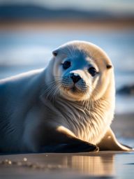 fluffy baby seal pup, basking on an icy beach. 