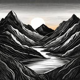 drawing of the sun setting behind mountains  minimal rough sketch scribbles,doodles,black and white