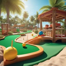 Beachside mini golf and games close shot perspective view, photo realistic background, hyper detail, high resolution